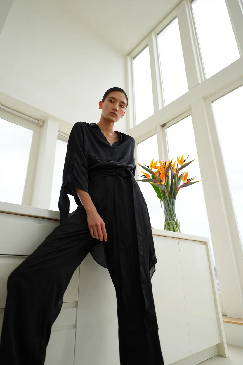 A fashion model wearing a flowing black jumpsuit strikes a pose in a sun-drenched minimalist apartment. The image is captured from a low angle, highlighting the architecture of the space, with white walls, high ceilings, and large windows that flood the room with natural light. The model leans against a sleek white counter, a vase of vibrant bird-of-paradise flowers adding a splash of color. The overall aesthetic is minimalist and modern.