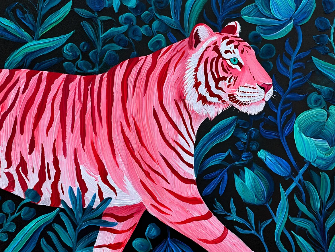 A large fingerpainted tiger with bright pink fur and red stripes emerges from a background of teal and blue fingerpainted florals and fauna. The tiger's body faces right while its head turns toward the viewer, with visible fingerpaint brushstrokes creating texture throughout its fur. The background features an array of teal and blue fingerpainted leaves, flowers, and plant forms that swirl and intermingle behind the tiger's form. Close-up photographic documentation of fingerpaint artwork with even lighting to show paint texture and brushwork detail.