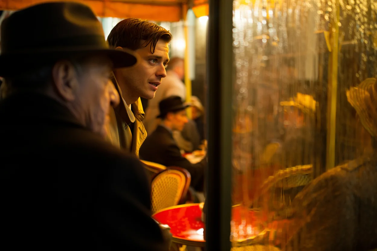 A rainy night scene, street level view through a rain-streaked cafe window, featuring two individuals peering into the establishment. The shot is a medium close-up from a slightly low angle, creating a film noir atmosphere. The left subject, silhouetted against the warm cafe lighting, wears a fedora. The right subject, face illuminated by a nearby street lamp, sports a trench coat with the collar turned up. The background features the blurry shapes of patrons and cafe furniture, with warm yellow and orange tones dominating. The shallow depth of field emphasizes the subjects against the bustling cafe interior. High quality film noir, gritty, 1940s style.