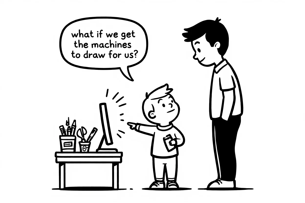A black and white cartoon illustration depicts a curious young boy pointing at a computer screen while looking up at his father. The boy's speech bubble contains the text "what if we get the machines to draw for us?". In the opposite corner of the scene, a wooden table holds scattered crayons, colored paper, scissors, and art supplies, appearing untouched and neglected. The father stands beside the boy, wearing casual clothing and looking down at his son. Black and white cartoon illustration with clean linework and simple shading.