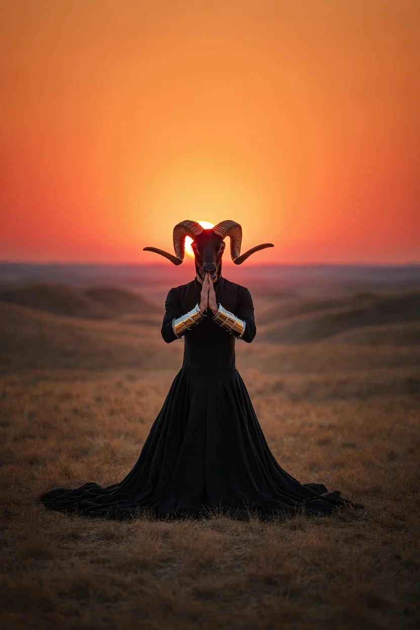 A mysterious centaur-like figure kneels in prayer amidst a vast prairie landscape, their flowing black robes spread wide around them like wings. The figure's ram's head is bowed, massive curved horns casting long shadows as the sun sets behind. Metallic gauntlets gleam on their upraised arms, catching the last rays of light. Behind the figure, rolling sand dunes melt into the fiery horizon, painting the sky in hues of orange and red. High-contrast fantasy photography with dramatic lighting and dreamlike grain and blur.