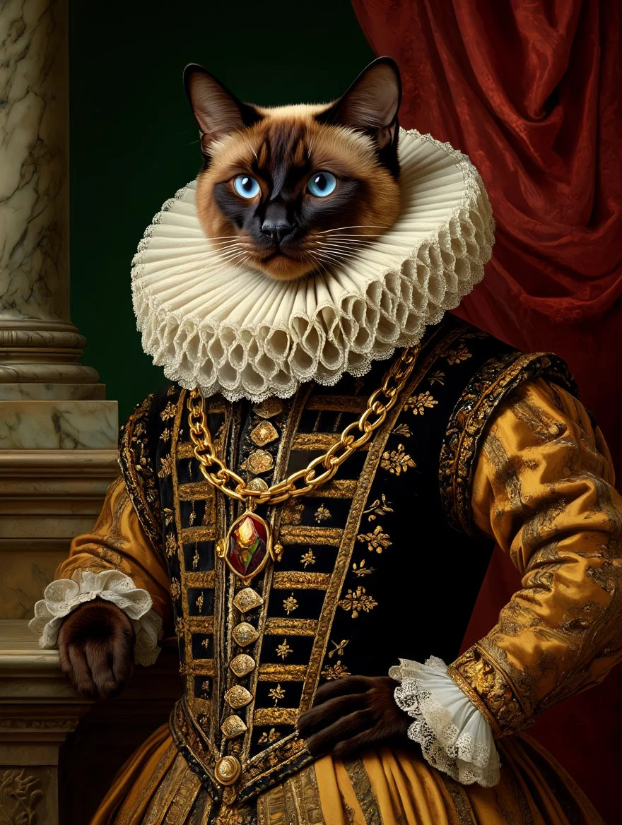 A distinguished Siamese cat is depicted in a regal pose wearing a velvet Elizabethan doublet with intricate gold embroidery. The cat's attire includes a large, lace-trimmed ruff framing its head. A thick gold chain with a jeweled pendant hangs around its neck. The cat's blue eyes gaze directly at the viewer. The background is a deep forest green, accented by a glimpse of a classical marble column draped in crimson velvet, hinting at a grand estate setting. The scene is rendered in the style of a 16th-century oil painting, with meticulous attention to detail and texture, especially in the fur, fabrics, and background elements.